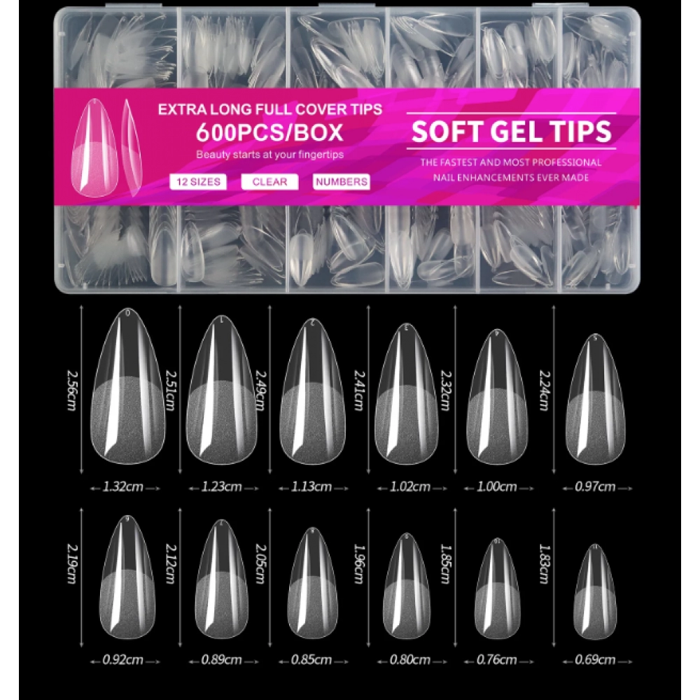 600Pcs Short Almond Nail Tips Soft Gel Nail Tips Full Cover False Nail Tips For Acrylic Nails Manicure Salon Home Press On Nails