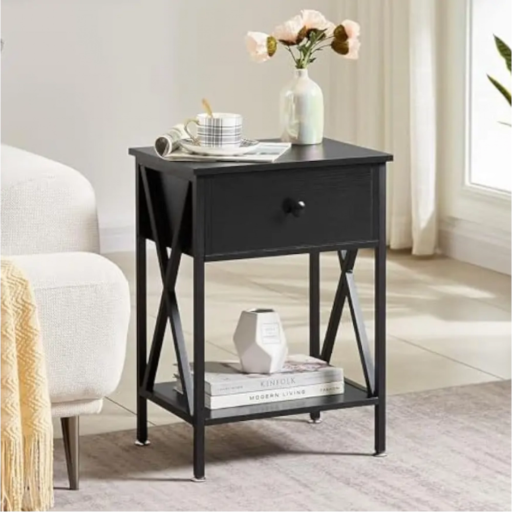 Modern X-Design Night Stand, Versatile End Storage Shelf Side Table, Black, Nightstand with Drawer, Retro Blk